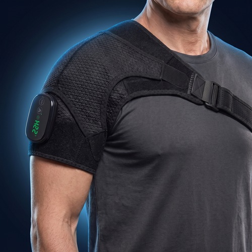 Ember heated shoulder massager worn on the shoulder